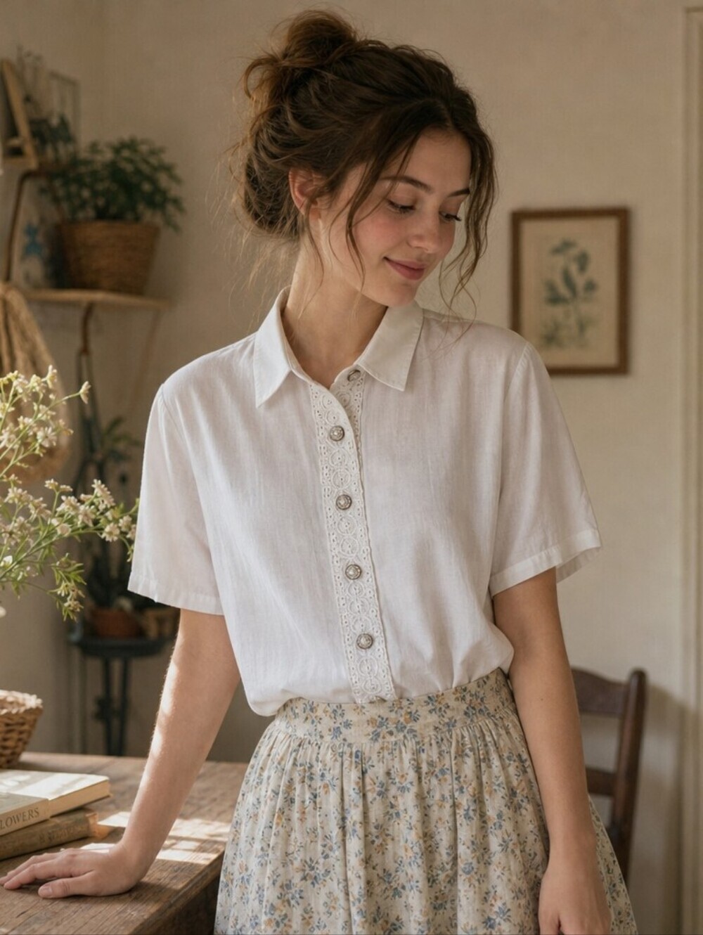 Vtg 80s California Connection Off White Eyelet Lace Blouse Shabby Chic Coquette